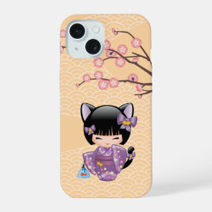Neko Kokeshi Doll - Kat Ears Geisha Girl iPhone 15 Hoesje