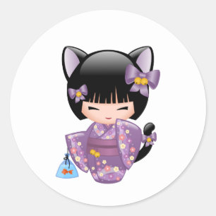 Neko Kokeshi Doll - Kat Ears Geisha Girl Ronde Sticker