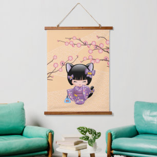 Neko Kokeshi Pop - Kat Oren meisje Hangend Wandkleed