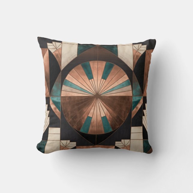 Neo Art Deco Geometric Teal Copper Gold Sunburst Kussen (Voorkant)