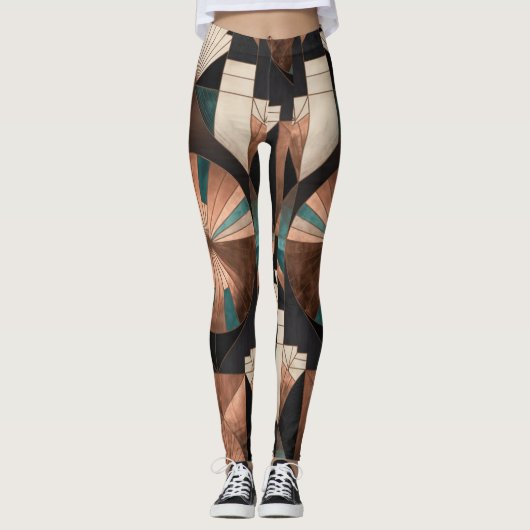 Neo Art Deco Geometric Teal Copper Gold Sunburst Leggings (Voorkant)