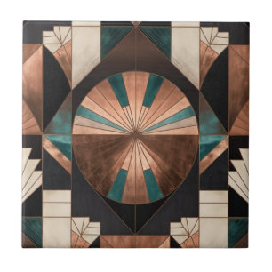 Neo Art Deco Geometrische Teal Koper Gouden Zonneb Tegeltje