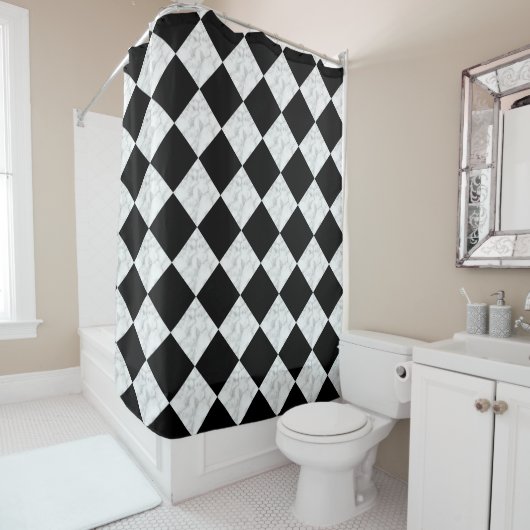 Neo Deco Black and Faux White Marble Checkerboard Douchegordijn (In situ)
