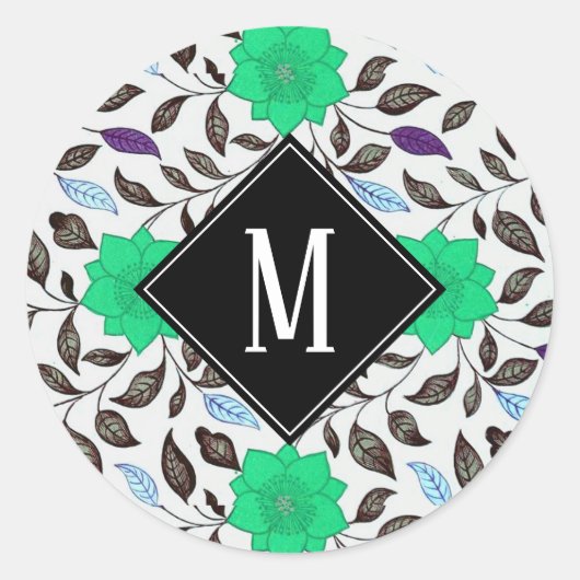 Neo Mint  Floral Poppy Pattern Monogram Ronde Sticker (Voorkant)