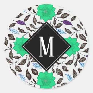 Neo Mint Floral Poppy Pattern Monogram Ronde Sticker