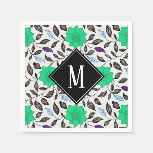Neo Mint  Floral Poppy Pattern Monogram Servet (Voorkant)