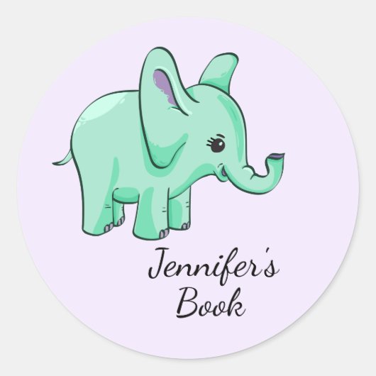 Neo Mint Lavender Elephant Child Name Bookplate Ronde Sticker (Voorkant)