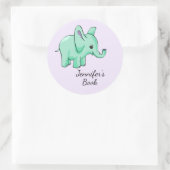 Neo Mint Lavender Elephant Child Name Bookplate Ronde Sticker (Tas)