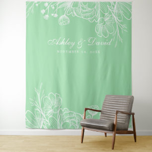 Neo Mint Moderne Witte Bloem Foto Booth Achtergron Wandkleed
