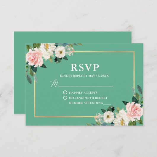 Neo Mint Rose Blanc Floral Or Mariage RSVP (Devant / Derrière)