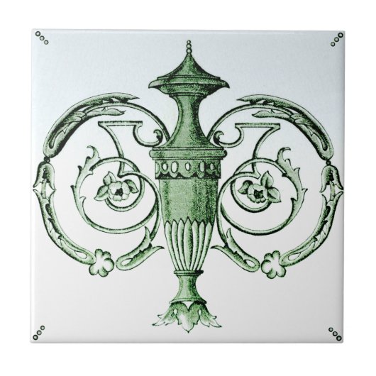 Neoclassieke Groene Urn 1880s Transferware Repro Tegeltje (Voorkant)