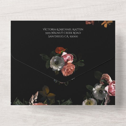 Neoklassieke Maanlicht Bloemige Donkere & Droevige All In One Uitnodiging (Achterkant)