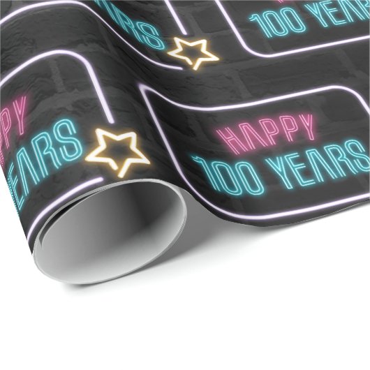 Neon 100th Birthday Marquee op Brick Cadeaupapier (Rol Hoek)