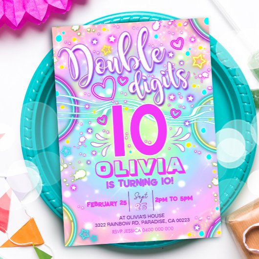 Neon 10e anniversaire Invitation Double chiffres