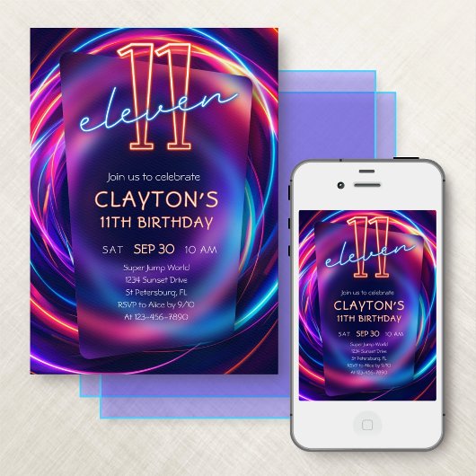 Neon 11e anniversaire Invitation
