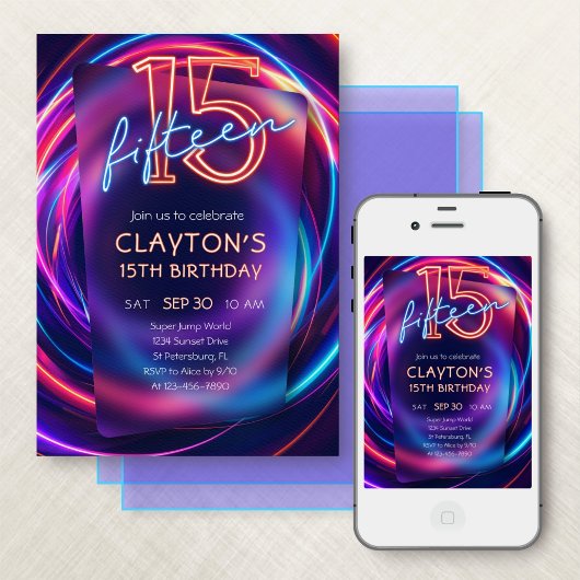 Neon 15th Birthday Invitation
