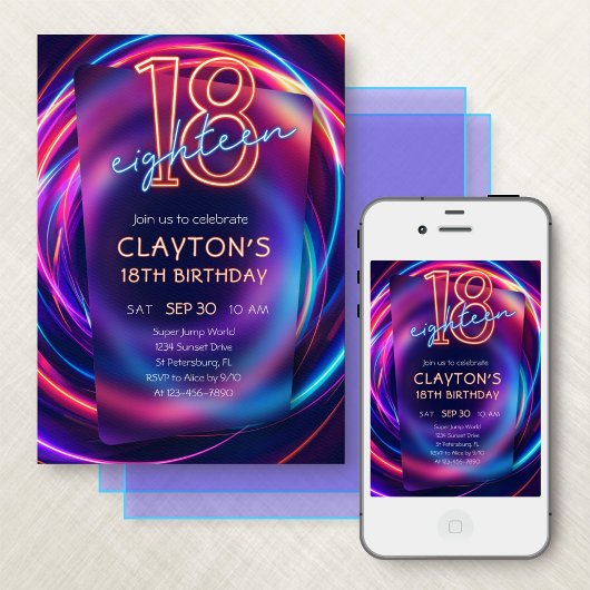 Neon 18th Birthday Invitation