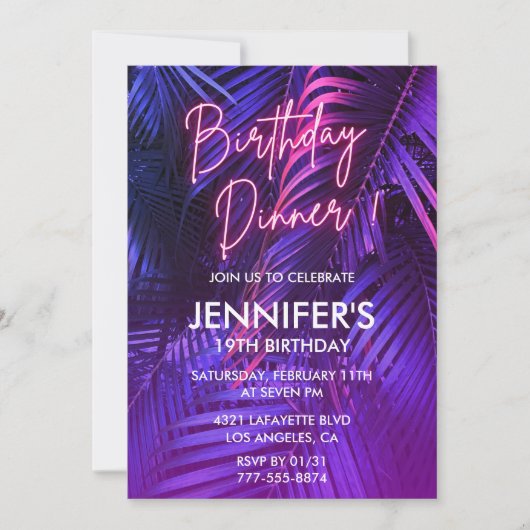 Neon 19e verjaardag uitnodigingen Tropisch diner (Voorkant)