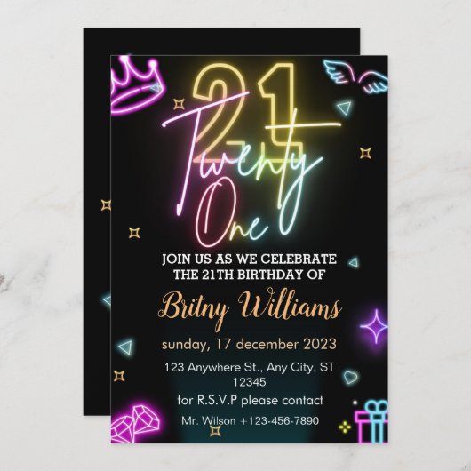 Neon 21e anniversaire Invitation (Devant / Derrière)