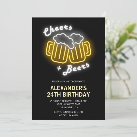 Neon 24e verjaardag uitnodiging Cheers and Beers (Staand voorkant)