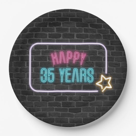 Neon 35th Birthday Marquee op Brick Wall Papieren Bordje (Voorkant)