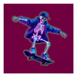 Neon 3D Skelet Skateboarden – Grappige Streetwear Perfect Poster
