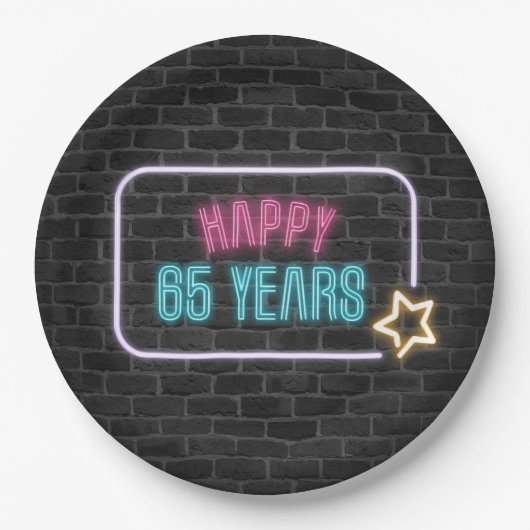 Neon 65th Birthday Marquee op Brick Wall Papieren Bordje (Voorkant)