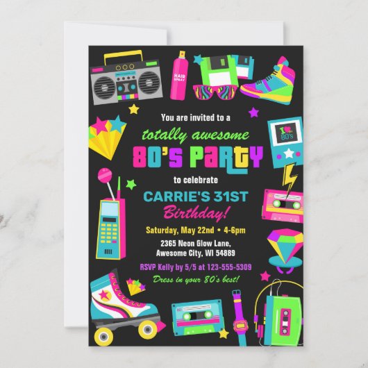 Neon 80s Anniversaire Fête Invitation (Devant)