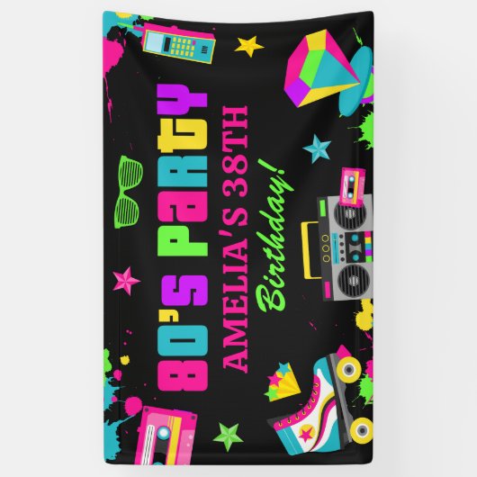 Neon 80's Verjaardagsfeestbanner Retro Any Age Spandoek (Verticaal)