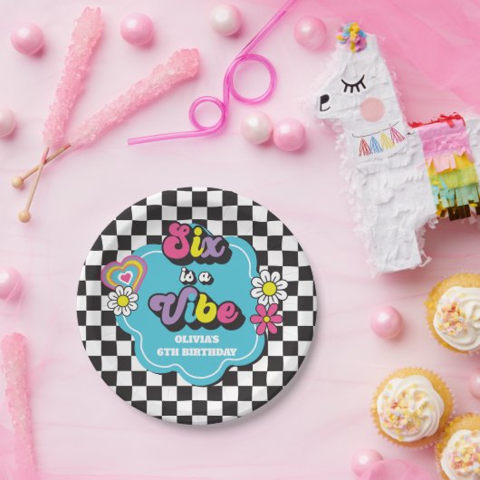 Neon 90s Retro Six viert zesde verjaardag Papieren Bordje (Feest)