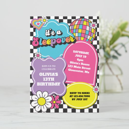 Neon 90s Retro Sleepover Verjaardag Kaart (Staand voorkant)