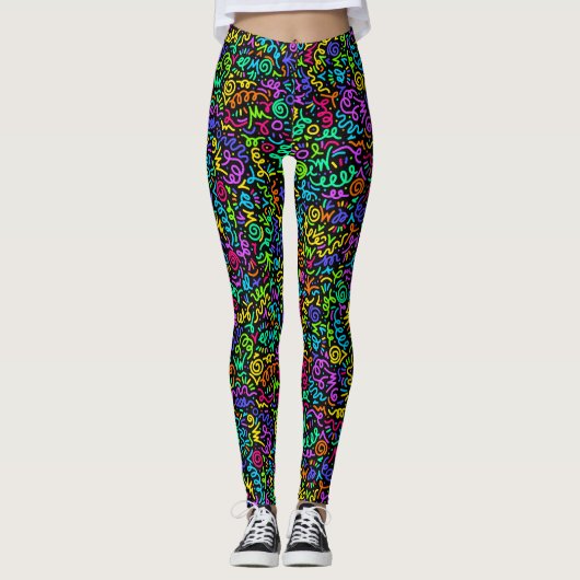Neon 90s Squiggle Scribbles Naadloze Patroon Leggings (Voorkant)