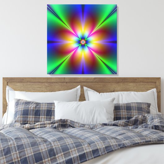 Neon Abstract Daisy Wrapped Canvas afdrukken (Insitu (Slaapkamer))