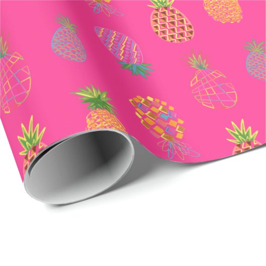 Neon Abstracte ananas op Neon Roze grond Cadeaupapier (Rol Hoek)