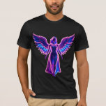 Neon Angel Wings Cyberpunk Aesthetic Men's T-Shirt<br><div class="desc">Experience the divine glow of the future with this stunning neon angel t-shirt. Featuring a beautifully detailed female figure with majestic wings, this design is outlined in vibrant electric blue and hot pink neon lights. The transparent background makes the neon effect pop perfectly against the dark fabric, creating a striking...</div>
