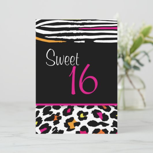 Neon Animal Print Sweet 16 Uitnodiging (Staand voorkant)