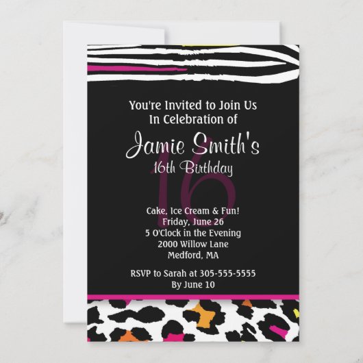 Neon Animal Print Sweet 16 Uitnodiging (Achterkant)
