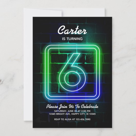 Neon Anniversaire invitation Boy 6e Anniversaire (Devant)