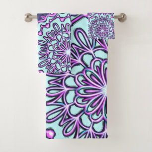 Neon Aqua Blauwgroen Paars Artsy Henna Boho Mandal Bad Handdoek