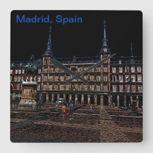 Neon Art van een plein in Madrid, Spanje Vierkante Klok