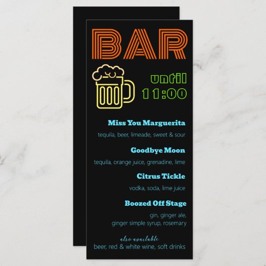 Neon Bar Teken Drinken Menu (Voorkant / Achterkant)