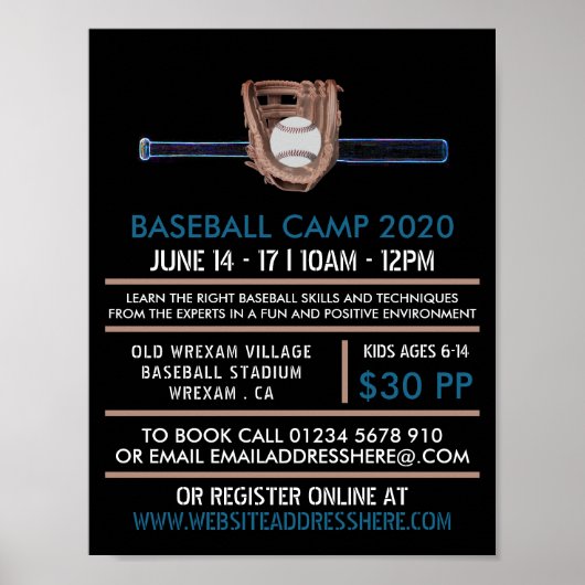 Neon Baseball Bat & Gear Baseball Camp Advert Poster (Voorkant)