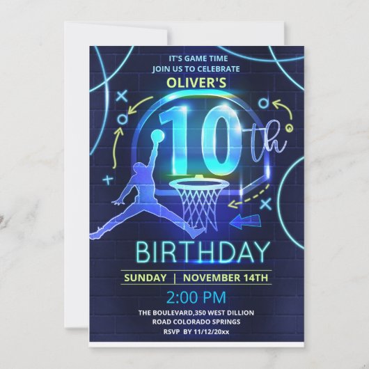 Neon Basketbal Verjaardag Uitnodiging (Voorkant)