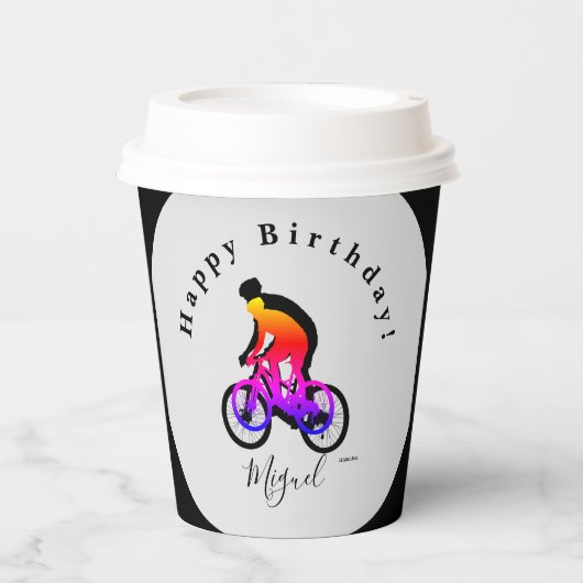 Neon Bicycle Rider Happy Birthday Paper Cups Papieren Bekers (Voorkant)