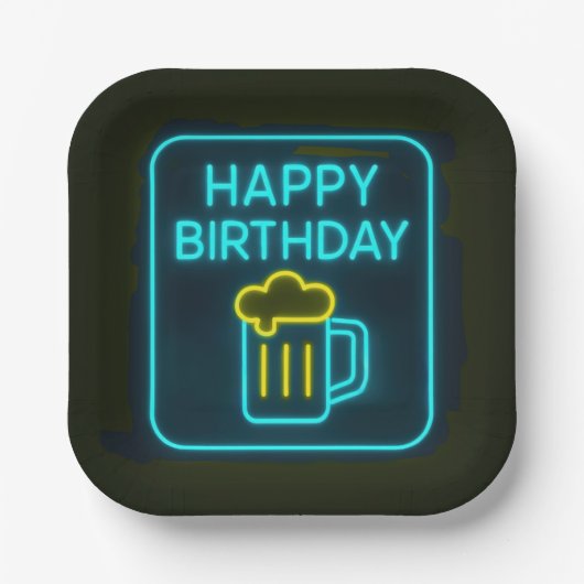Neon Birthday Beer Mok op zwart Papieren Bordje (Voorkant)
