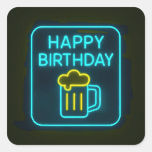 Neon Birthday Beer Mok op zwart Vierkante Sticker