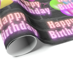 Neon Birthday en ballonnen op baksteenpapier Cadeaupapier