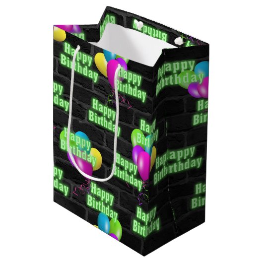 Neon Birthday en Balloons op Brick Medium Cadeauzakje (Voorkant Gekanteld)