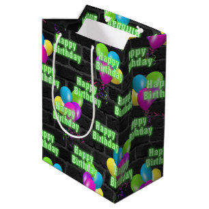 Neon Birthday en Balloons op Brick Medium Cadeauzakje