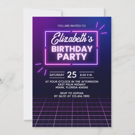 Neon Birthday Party Invitation Modern Glow Frame (Devant)